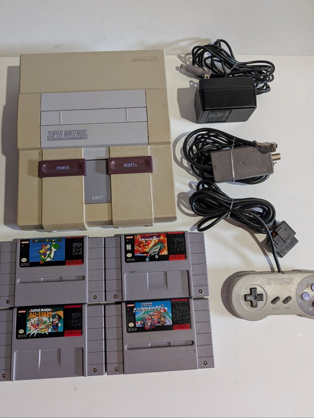 Super Nintendo Console System Controller Cords And 4 Games Super Mario Arkanoid